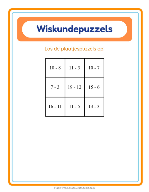 Voorbeeld van het Rekenpuzzel-werkblad met Rond het huis voor groep 3