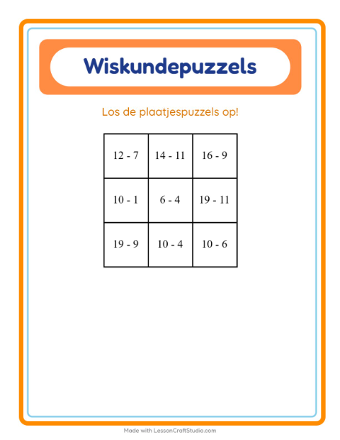 Voorbeeld van Rekenpuzzel aftrekken tot 20 met speelgoedjes – werkblad voor groep 3