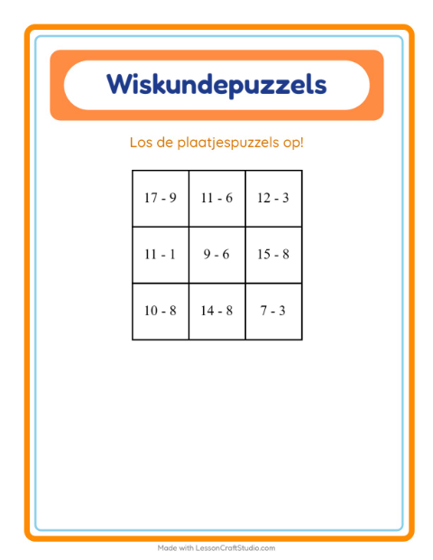 Voorbeeld van het Rekenpuzzel-werkblad met Thanksgiving voor groep 3