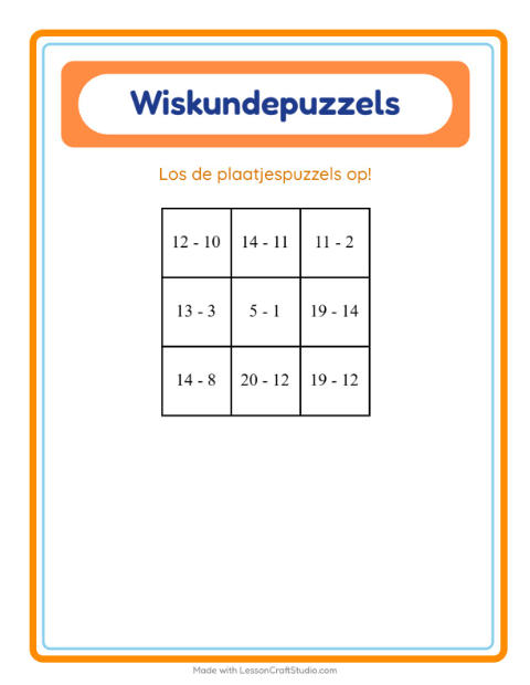 Voorbeeld van het Rekenpuzzel-werkblad met Voertuigen voor groep 3