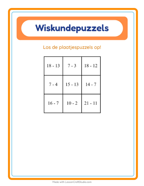 Voorbeeld van het Rekenpuzzel-werkblad met Winter voor groep 3