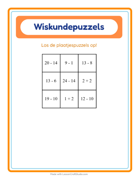 Voorbeeld van het Rekenpuzzel-werkblad met Beroepen voor groep 3