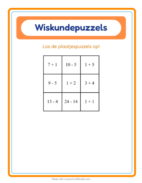 Voorbeeld van het Rekenpuzzel-werkblad met Emoties voor groep 3
