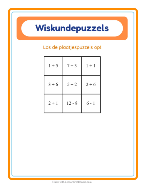 Voorbeeld van het Rekenpuzzel-werkblad met Fruit voor groep 3