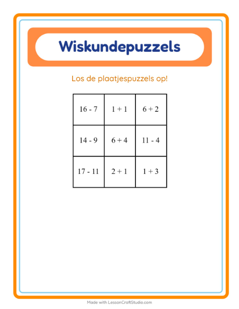 Voorbeeld van het Rekenpuzzel-werkblad met Kamperen voor groep 3