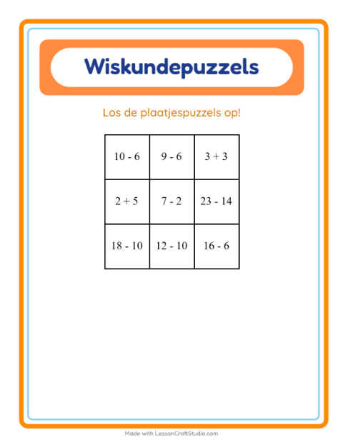 Voorbeeld van het Rekenpuzzel-werkblad met Klaslokaal voor groep 3