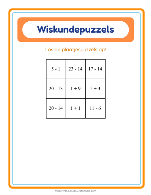 Voorbeeld van het Rekenpuzzel-werkblad met Lente voor groep 3