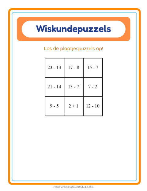 Voorbeeld van het Rekenpuzzel-werkblad met Rond het huis voor groep 3
