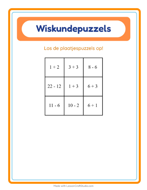 Voorbeeld van het Rekenpuzzel-werkblad met Strand voor groep 3