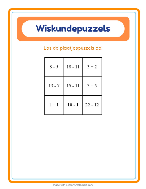 Voorbeeld van het Rekenpuzzel-werkblad met Voertuigen voor groep 3