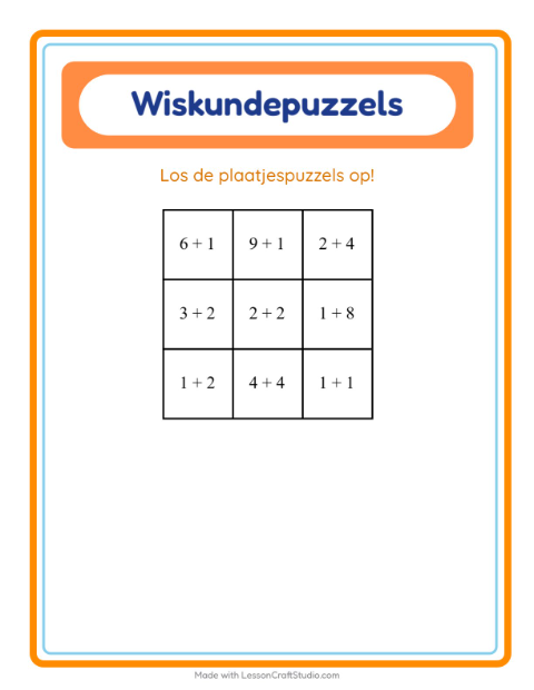 Voorbeeld van het Rekenpuzzel-werkblad met Kamperen voor groep 3