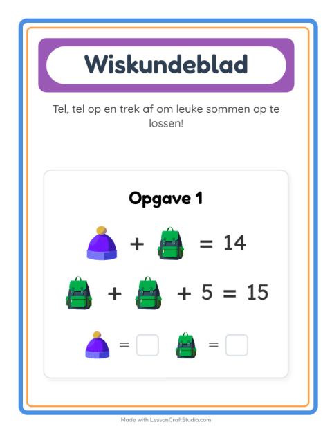 Voorbeeld van het Rekenwerkblad-werkblad met Accessoires voor kleuterklas