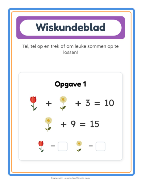 Voorbeeld van het Rekenwerkblad-werkblad met Bloemen voor kleuterklas
