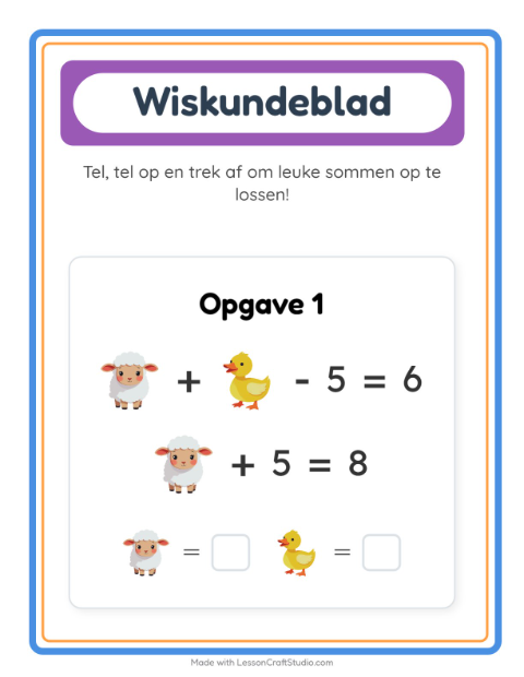 Voorbeeld van het Rekenwerkblad-werkblad met Boerderijdieren voor kleuterklas