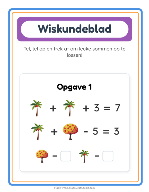 Voorbeeld van het Rekenwerkblad-werkblad met Bomen voor kleuterklas