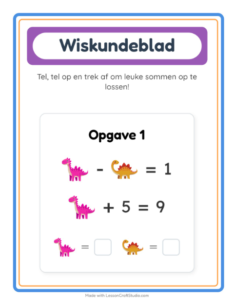 Voorbeeld van het Rekenwerkblad-werkblad met Dinosaurussen voor kleuterklas