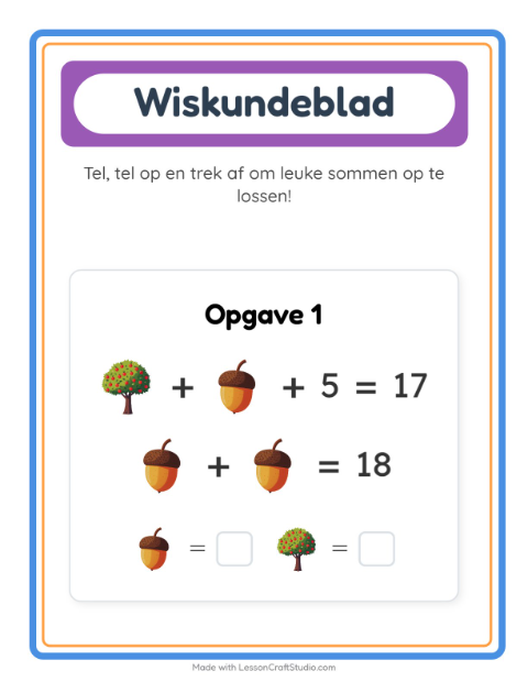 Voorbeeld van het Rekenwerkblad-werkblad met Diversen voor kleuterklas