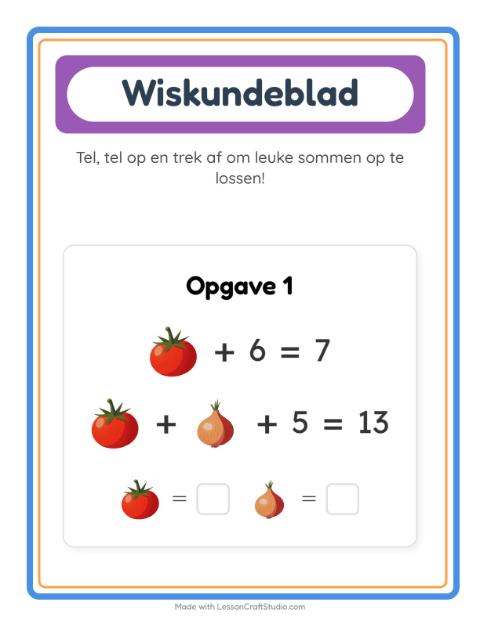 Voorbeeld van het Rekenwerkblad-werkblad met Groenten voor kleuterklas