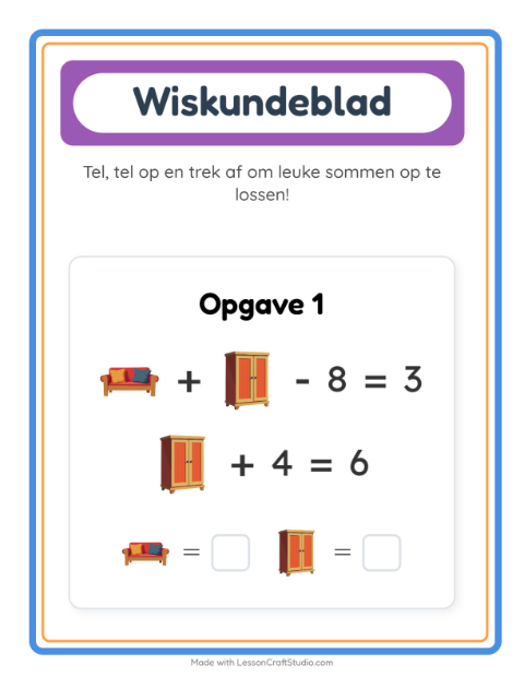 Voorbeeld van het Rekenwerkblad-werkblad met Meubels voor kleuterklas