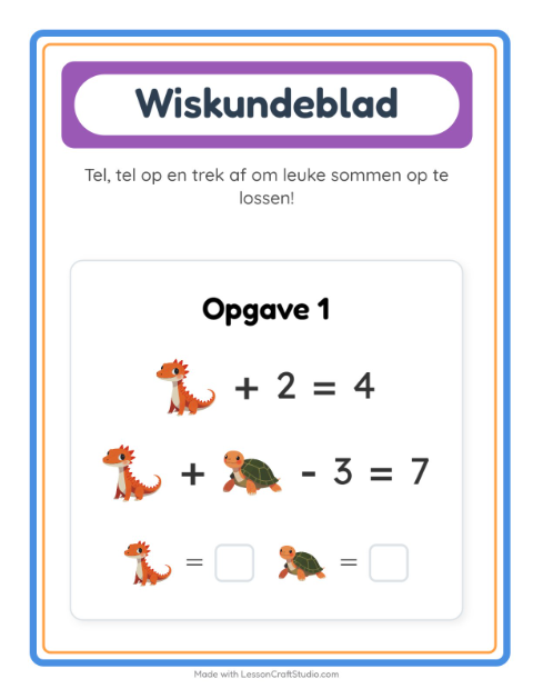 Voorbeeld van het Rekenwerkblad-werkblad met Reptielen en amfibieën voor kleuterklas