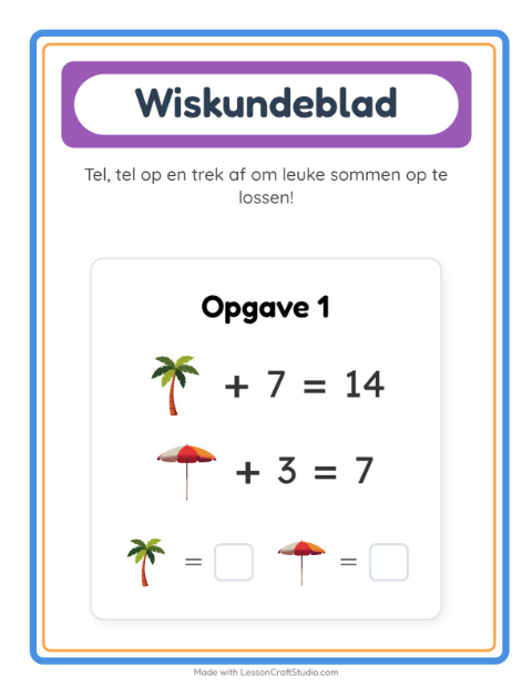 Voorbeeld van het Rekenwerkblad-werkblad met Strand voor kleuterklas