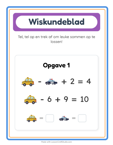 Voorbeeld van het Rekenwerkblad-werkblad met Voertuigen voor kleuterklas