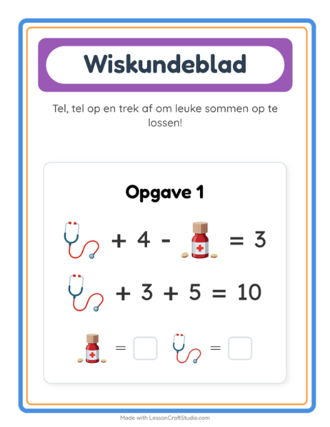 Voorbeeld van het Rekenwerkblad-werkblad met Ziekenhuis voor kleuterklas