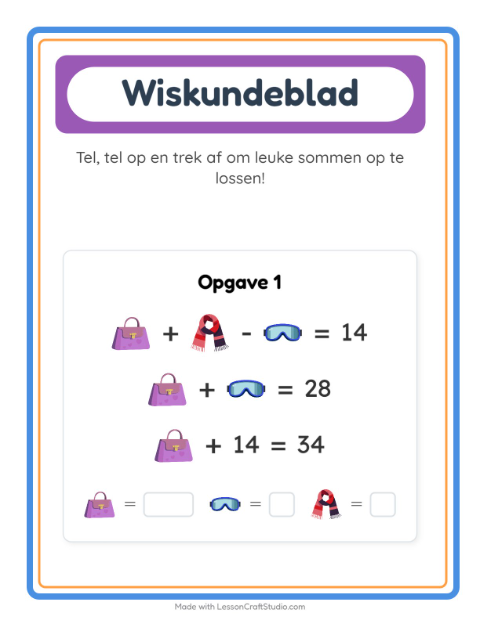 Voorbeeld van het Rekenwerkblad-werkblad met Accessoires voor kleuterklas