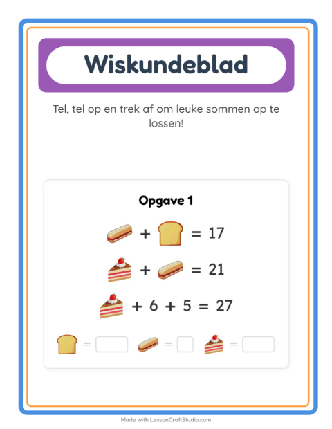 Voorbeeld van het Rekenwerkblad-werkblad met Bakkerij voor kleuterklas