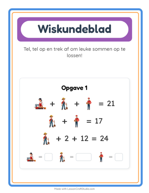 Voorbeeld van het Rekenwerkblad-werkblad met Beroepen voor kleuterklas