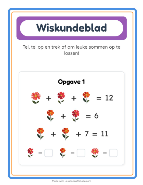 Voorbeeld van het Rekenwerkblad-werkblad met Bloemen voor kleuterklas