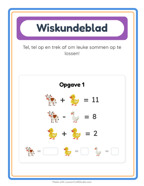 Voorbeeld van het Rekenwerkblad-werkblad met Boerderijdieren voor kleuterklas