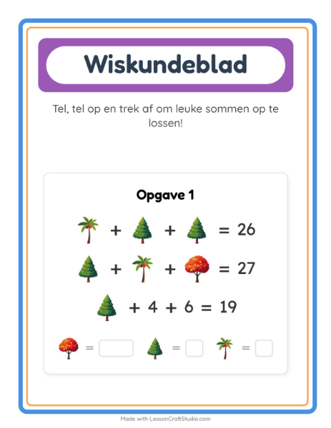 Voorbeeld van het Rekenwerkblad-werkblad met Bomen voor kleuterklas