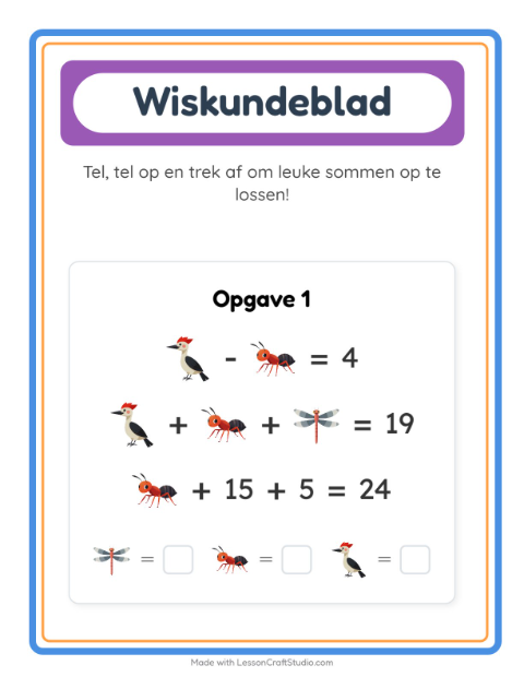 Voorbeeld van het Rekenwerkblad-werkblad met Boswezens voor kleuterklas