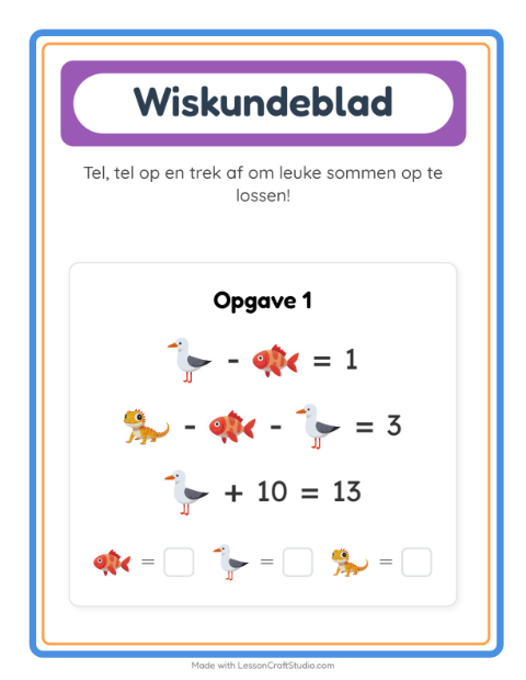 Voorbeeld van het Rekenwerkblad-werkblad met Dieren voor kleuterklas