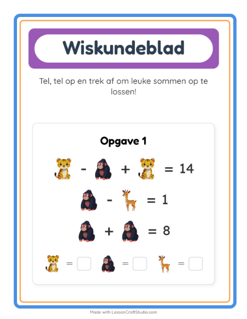 Voorbeeld van het Rekenwerkblad-werkblad met Dierentuindieren voor kleuterklas