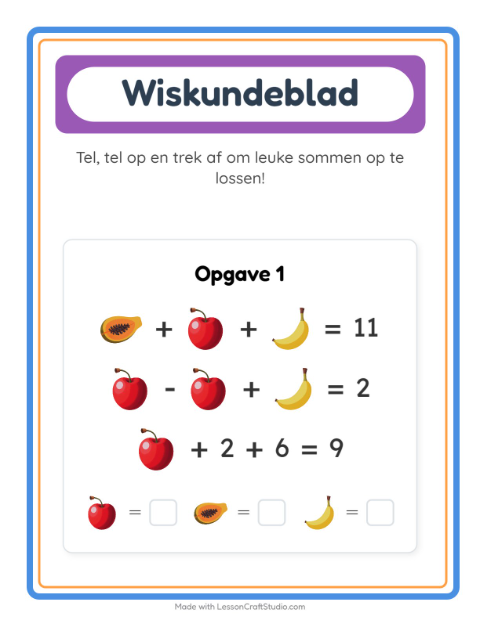 Voorbeeld van het Rekenwerkblad-werkblad met Fruit voor kleuterklas