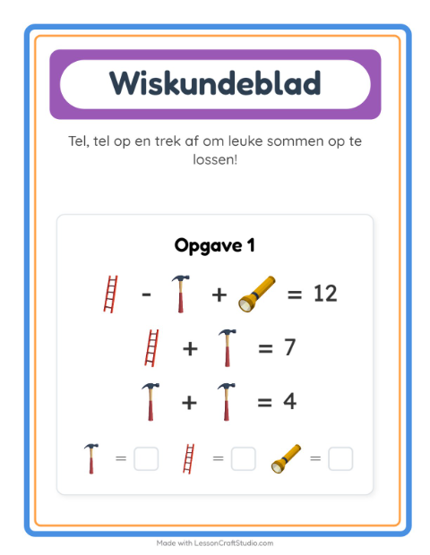 Voorbeeld van het Rekenwerkblad-werkblad met Gereedschap voor kleuterklas
