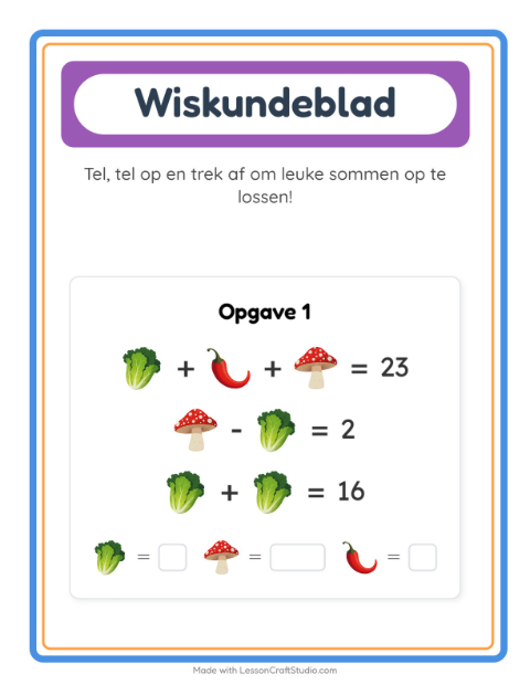 Voorbeeld van het Rekenwerkblad-werkblad met Groenten voor kleuterklas