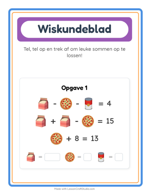 Voorbeeld van het Rekenwerkblad-werkblad met In de supermarkt voor kleuterklas