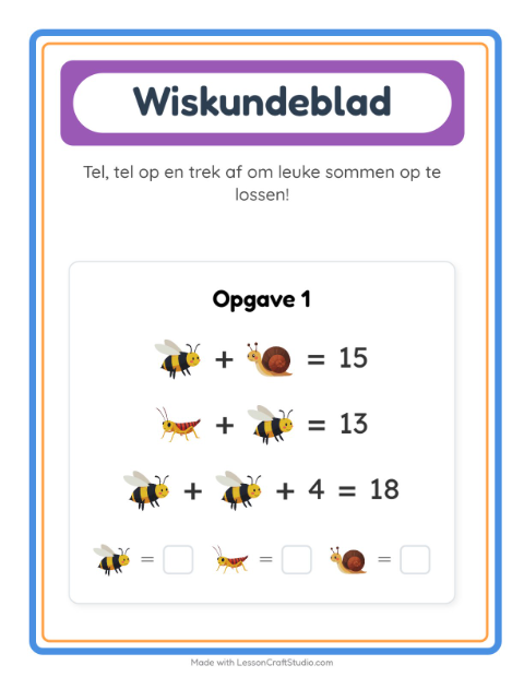 Voorbeeld van het Rekenwerkblad-werkblad met Insecten en beestjes voor kleuterklas