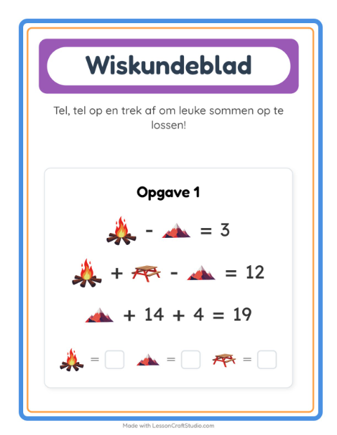 Voorbeeld van het Rekenwerkblad-werkblad met Kamperen voor kleuterklas