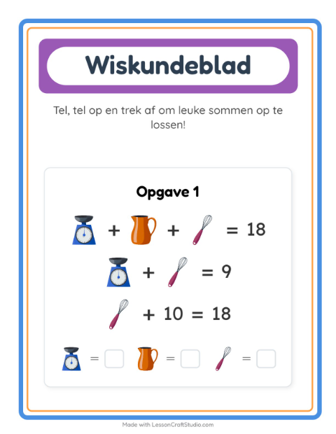 Voorbeeld van het Rekenwerkblad-werkblad met Keukengerei voor kleuterklas