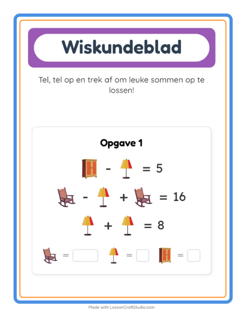Voorbeeld van het Rekenwerkblad-werkblad met Meubels voor kleuterklas
