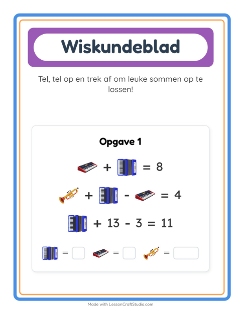 Voorbeeld van het Rekenwerkblad-werkblad met Muziek voor kleuterklas