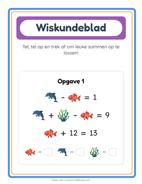 Voorbeeld van het Rekenwerkblad-werkblad met Oceaanleven voor kleuterklas