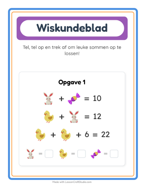 Voorbeeld van het Rekenwerkblad-werkblad met Pasen voor kleuterklas