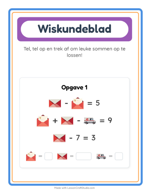 Voorbeeld van het Rekenwerkblad-werkblad met Postkantoor voor kleuterklas