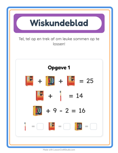 Voorbeeld van het Rekenwerkblad-werkblad met Rond het huis voor kleuterklas