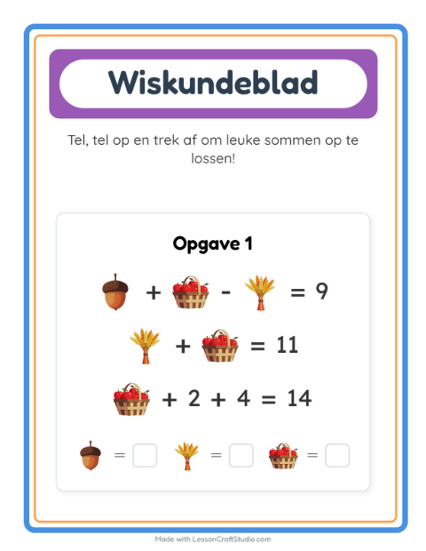 Voorbeeld van het Rekenwerkblad-werkblad met Thanksgiving voor kleuterklas